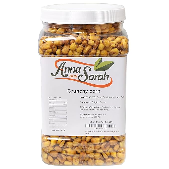 Anna and Sarah Crunchy Corn- Roasted and Salted -Natural Cravings - Original Toasted Corn Kernels Crunchy Snack in Reuseable Jar, 48 oz