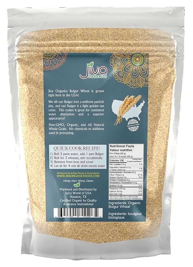 Organic Bulgur Wheat Fine #1 2 LB - Non-GMO, Grown in USA, 100% Natural Wheat Berries, Resealable Bag by Jiva Organics