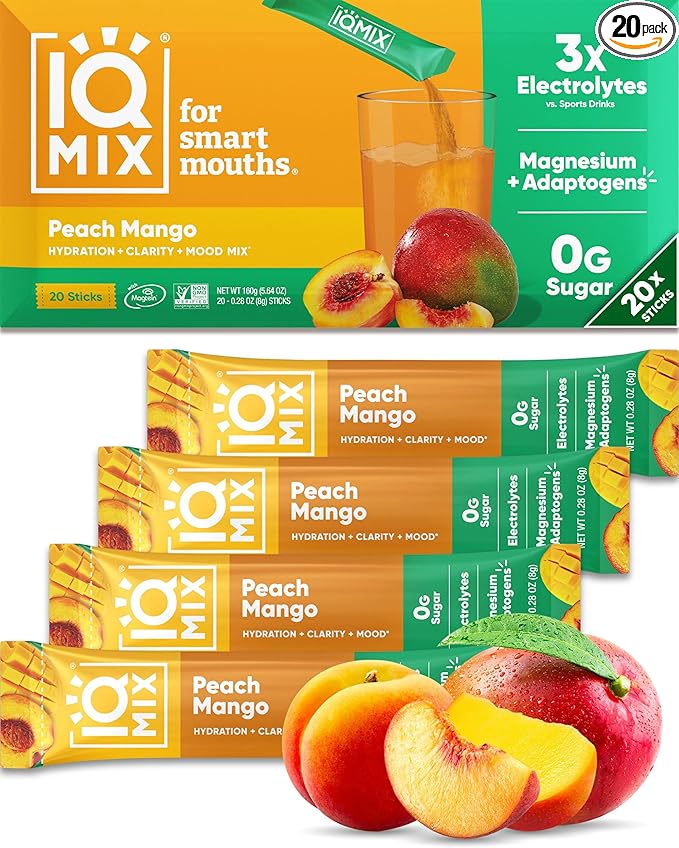 IQMIX Hydration Electrolyte Powder ??4-in-1 Formula for Hydration, Mental Clarity, Mood and Recovery ??Sugar-Free Drink Mix, Keto, Magnesium L-Threonate, Lion?™s Mane ??20 Count Peach Mango