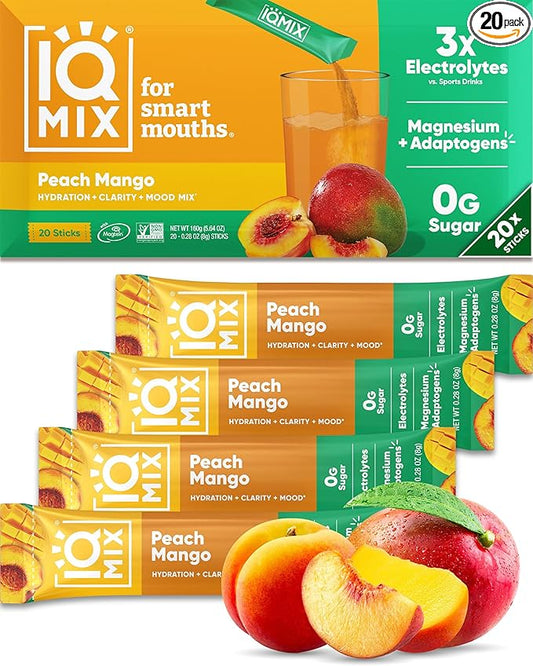 IQMIX Hydration Electrolyte Powder ??4-in-1 Formula for Hydration, Mental Clarity, Mood and Recovery ??Sugar-Free Drink Mix, Keto, Magnesium L-Threonate, Lion?™s Mane ??20 Count Peach Mango