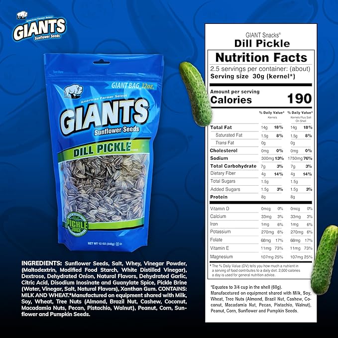 GIANTS Dill Pickle Sunflower Seeds - Sunflower Seeds Bulk, Big Sunflower Seeds to Eat, Roasted & Flavored for Eating, Pickle Sunflower Seeds, 8g Protein Per Serving - 12 oz Bag