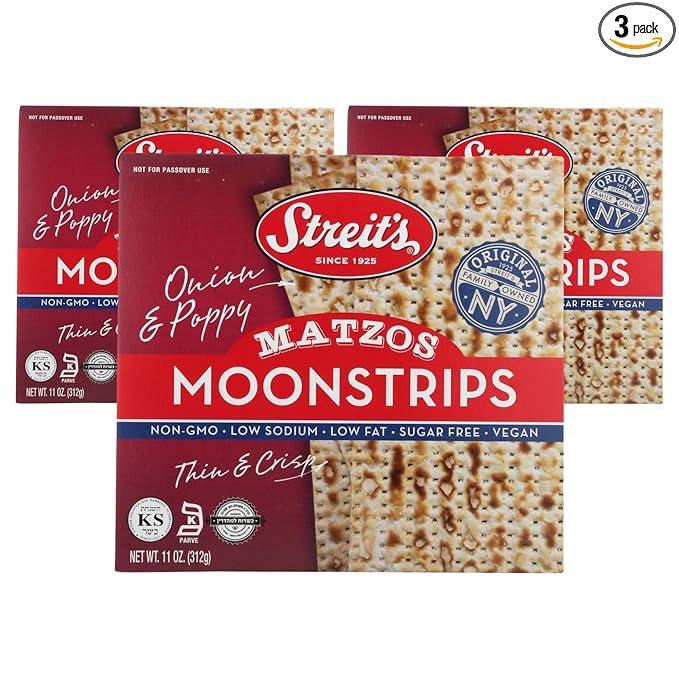Streit's Moonstrips "Onion & Poppy" Matzo - Thin & Crispy, Non-GMO, Low Sodium, Low Fat, Vegan, Family Owned, Kosher Certified (11oz, Pack of 3)