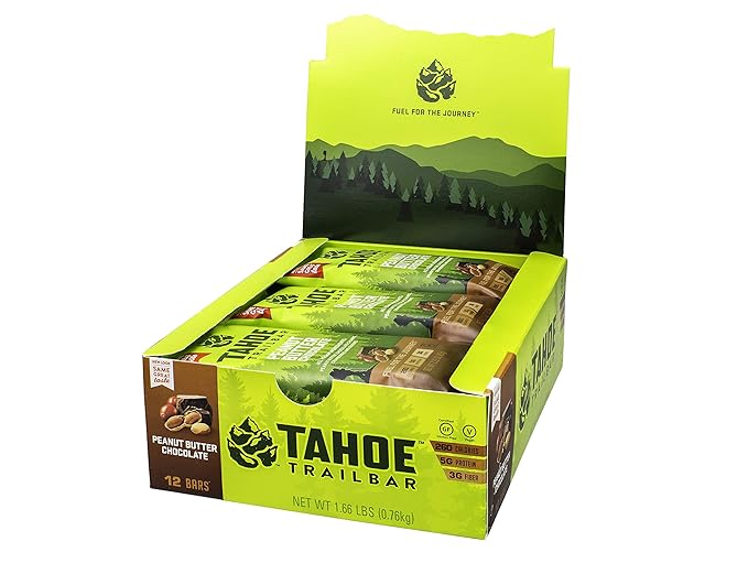 Tahoe Trail Bar, Plant-Based Natural Energy Bar (2.22 Ounce Protein Bar, 12 Count) High Protein Non-GMO, Gluten-Free, Vegan Healthy Snacks - Peanut Butter Chocolate
