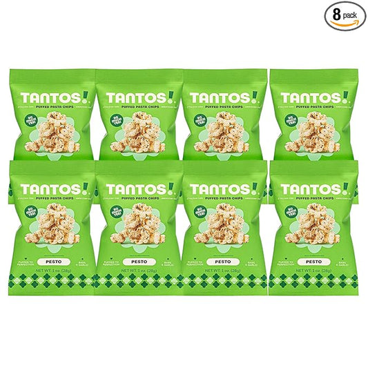 Tantos! Puffed Pasta Chips ??Healthy Pasta Snack by Top Chef Joe Sasto ??Plant-Based, Low Calorie, Crunchy Chips ??Variety Pack ??Marinara, Pesto, Cacio e Pepe, Classico ??Gourmet Bold Flavors (1 oz 8 Pack, Pesto)