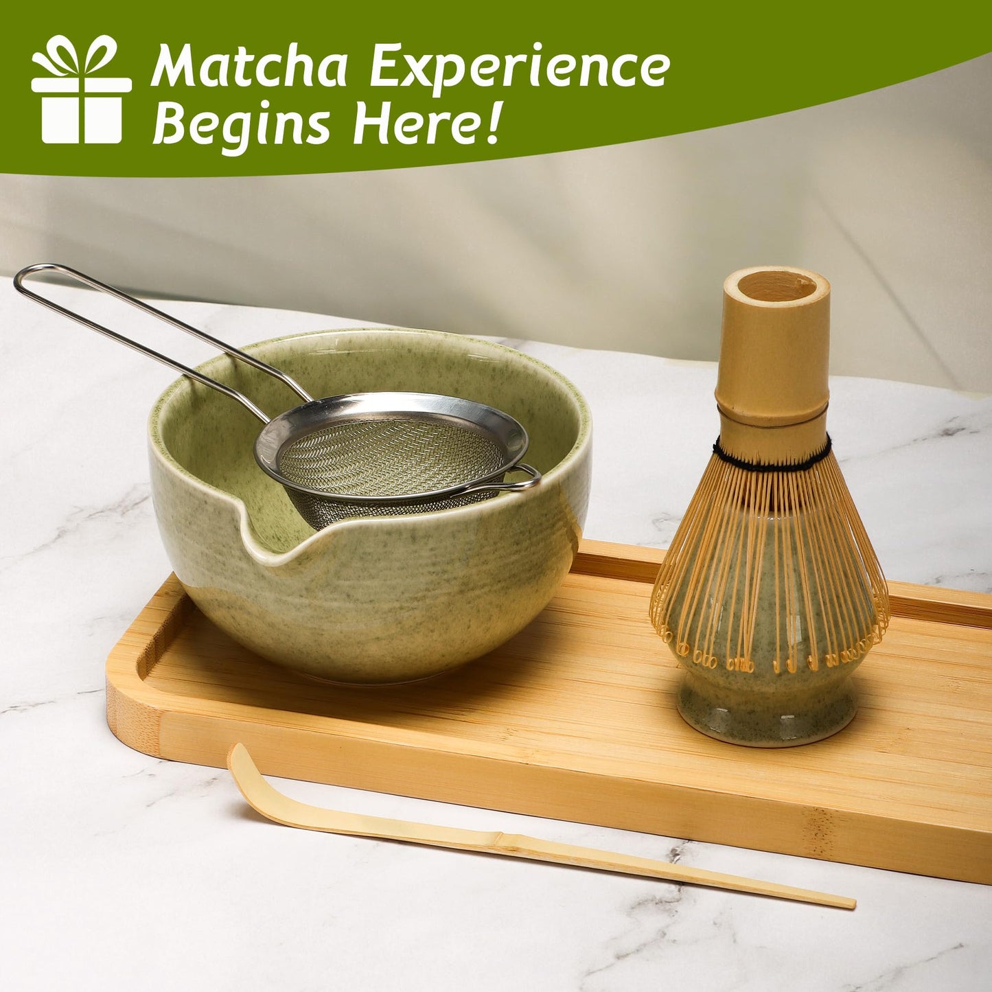 DiDiBirDi Matcha Tea Set 5 Pcs, Japanese Traditional Ceramic Bowl, Bamboo Whisk (Chasen), Scoop
