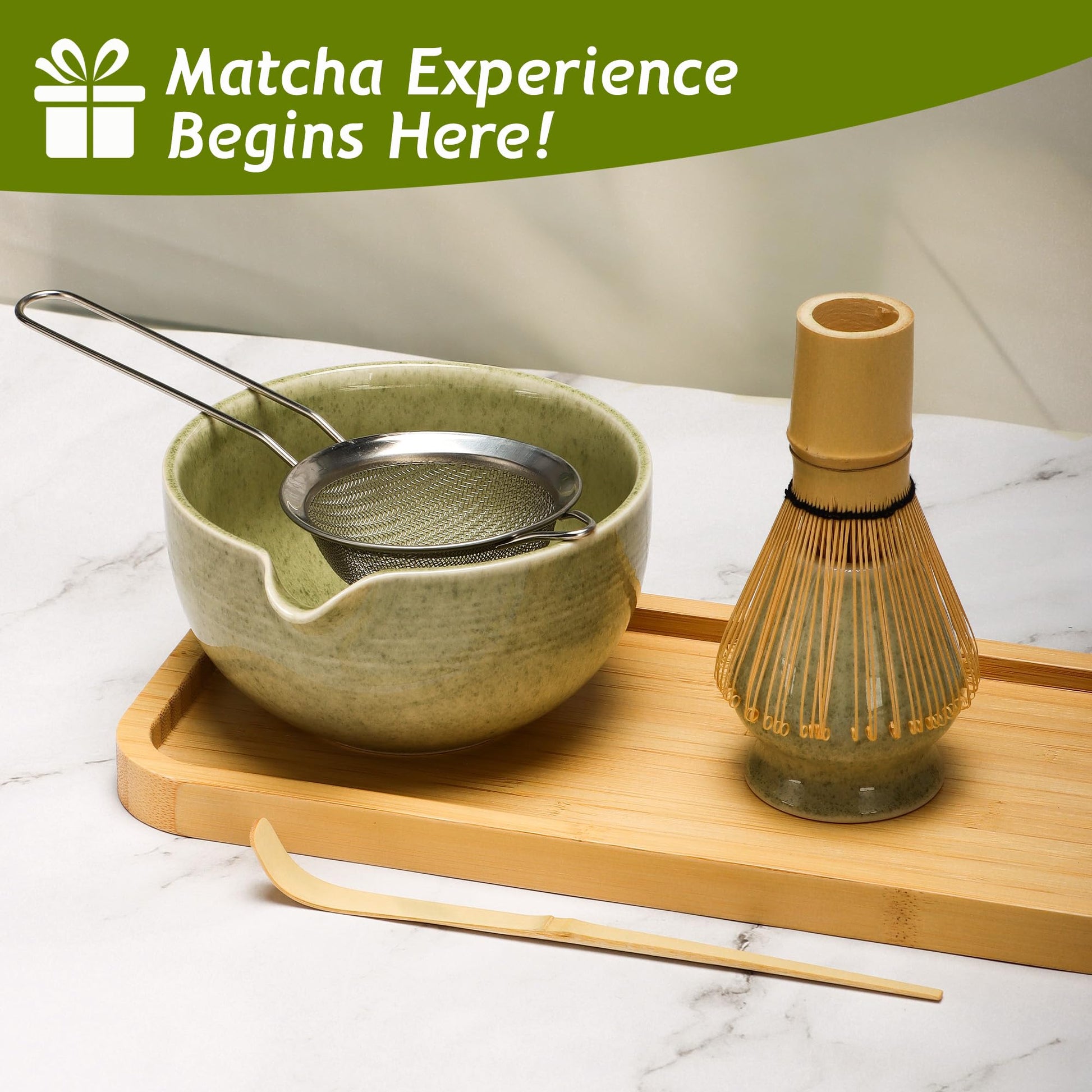 DiDiBirDi Matcha Tea Set 5 Pcs, Japanese Traditional Ceramic Bowl, Bamboo Whisk (Chasen), Scoop