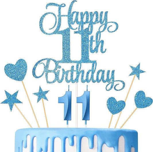 11th Birthday Cake Decorations, 11th Birthday Candles Cake Numeral Candles and Glitter Happy 11th Birthday Cake Toppers Set for Birthday Party Supplies (Blue)