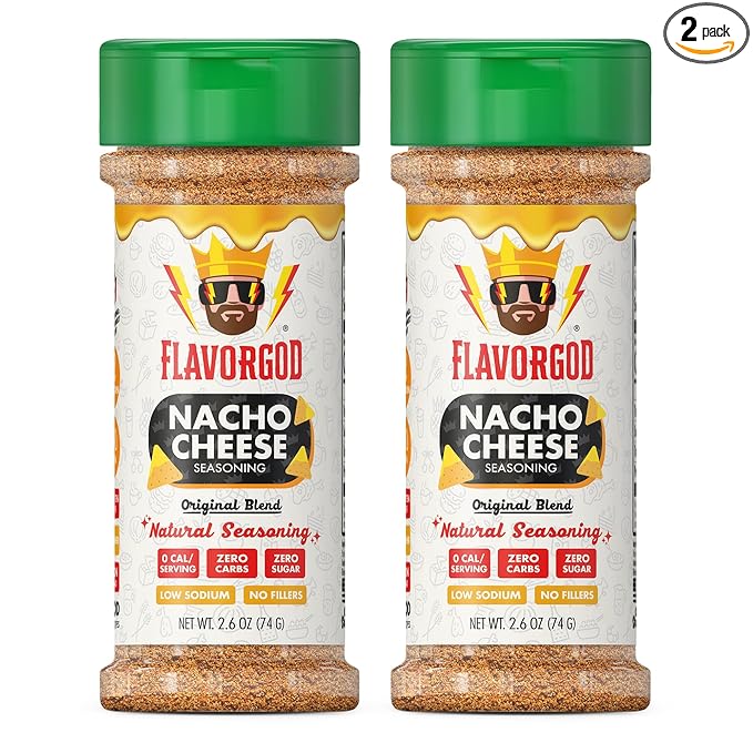 Nacho Cheese Seasoning Mix, 2 Bottles by Flavor God - Premium All Natural & Healthy Spice Blend for Chicken, Nachos, Dips, Chicken Nuggets, Salad, Eggs, Ravioli, Pizza, Tacos, & Pasta - Kosher, Dairy-Free, Gluten-Free, Keto Friendly