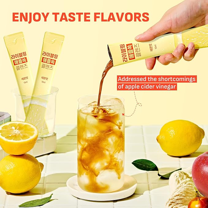 [Liveling] Apple Cider Vinegar Drink Stick ??Lemon Flavor | Supports Digestion, Daily Cleanse, Sugar-Free, Low-Calories, Portable On-The-Go Packets (30 sticks)