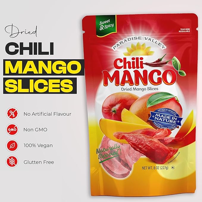 Dried Mango Slices - Delicious Texture Soft & Juicy Low Sugar Added Dried Mango - Naturally Ripened Mangos Dried Fruits - Gluten Free Dry Mangoes Natural Source of Vitamin C, Fiber, (8 oz chili)