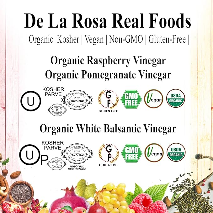 De La Rosa Raspberry, Pomegranate & White Balsamic Vinegar, Vegan, Kosher, Non-GMO & Gluten Free, Great for Salad Dressing & More 8.45 Oz (Pack of 3)
