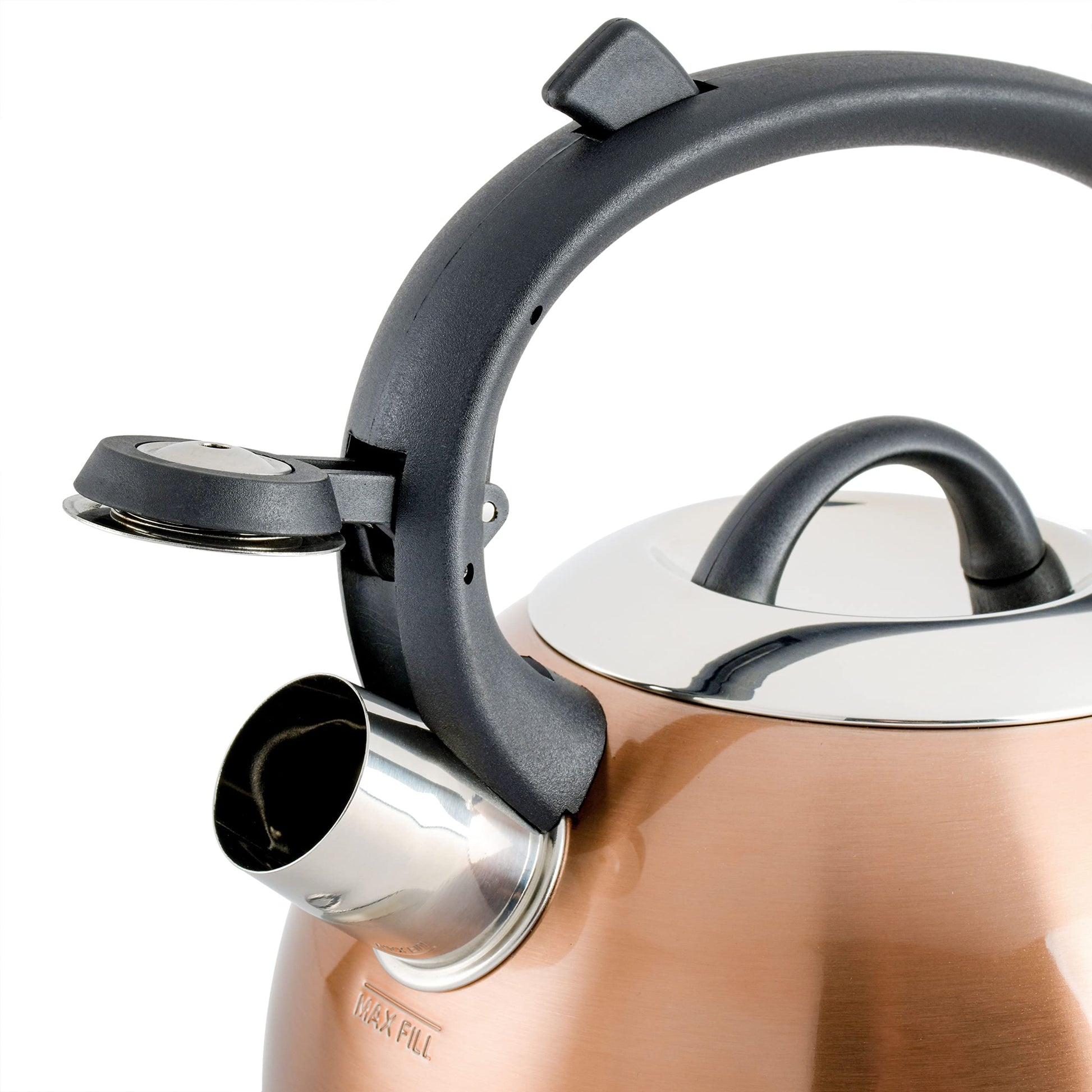 Mr. Coffee Flintshire 1.75-Quart Stainless Steel Whistling Tea Kettle with Nylon Handle – Copper