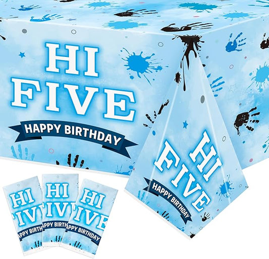 3Pcs Hi Five Party Tablecloths - Blue High 5 Year Old Party Table Covers Decorations 5th Birthday Rectangular Plastic Disposable Table Cloth Decor for Kids Five Years Old Birthday Baby Shower Supplies