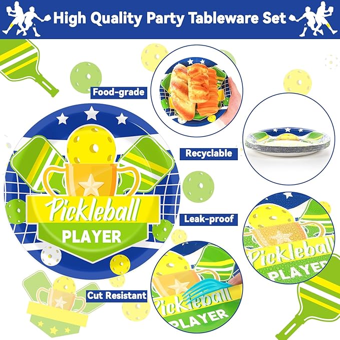 96pcs Pickleball Party Decorations Supplies Pickleball Player Themed Sports Birthday Party Disposable Plates Napkins Set for Baby Shower Brithday Party Decorations Favors Serve 24