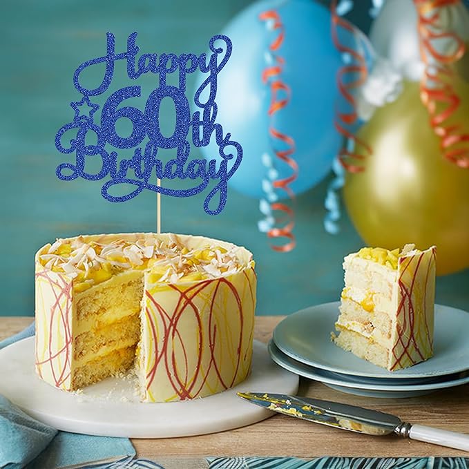 1 Pack Happy 60th Birthday Cake Topper Blue Glitter 60 & Fabulous Cheers to 60 Years Old 60th Birthday Cake Pick for Celebrating 60th Birthday Anniversary Party Cake Decorations Supplies