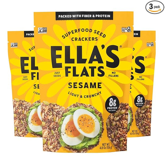ELLA’S FLATS® Sesame All Seed Savory Crisps – All Natural, Gluten Free, Good Source of Protein, High Fiber, Vegan and Keto Friendly (3 Pack)
