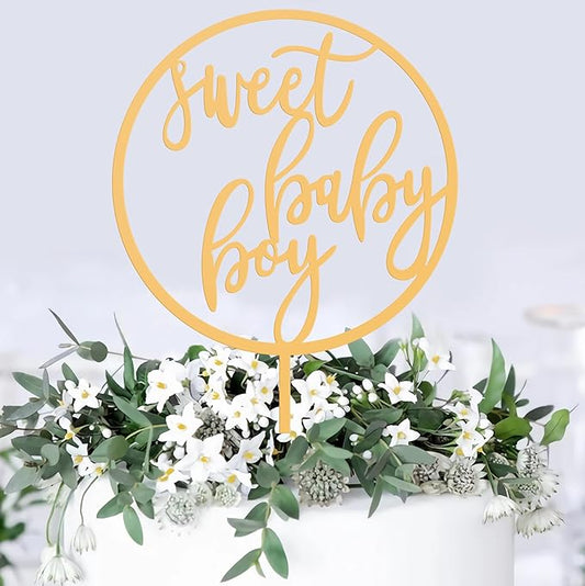 Sweet Baby Boy Cake Topper - Glitter Gold Acrylic Boy Baby Shower Cake Decorations, Gender Reveal Cake Pick (Baby Boy Gold)