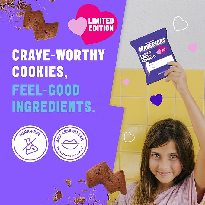 Mavericks Double Chocolate Bolt Cookies - Healthy Chocolate Chip Cookies, Plant-Based Snack for Kids, Nut Free - Holiday Limited Edition, 2 Boxes (16 Pouches)