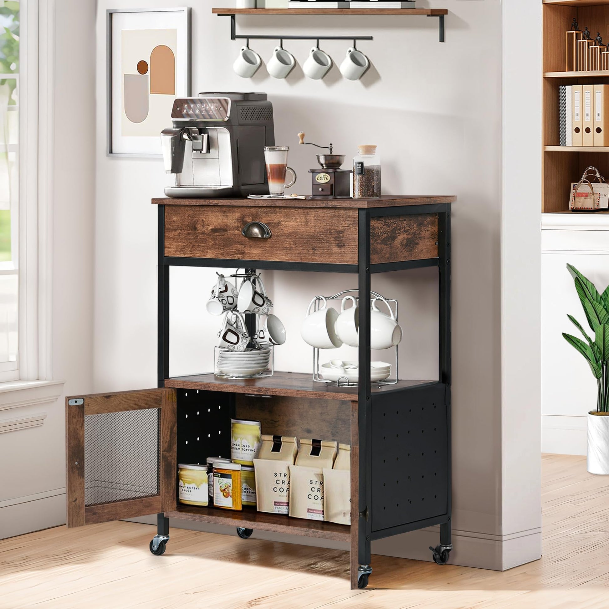 Catrimown Coffee Bar Cart Cabinet,3 Tier Coffee Station Table on Wheels,Coffee Cart with Storage