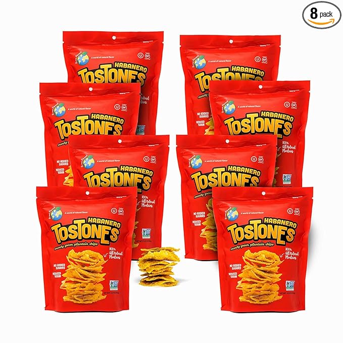 TOSTONES, Green Plantains, Re-Sealable Bag, Crunchy chips, Plantains, Flower Oil and Salt, 3.53 Oz per Unit, HABANERO Flavored, 8 Pack,