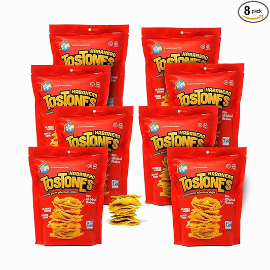 TOSTONES, Green Plantains, Re-Sealable Bag, Crunchy chips, Plantains, Flower Oil and Salt, 3.53 Oz per Unit, HABANERO Flavored, 8 Pack,