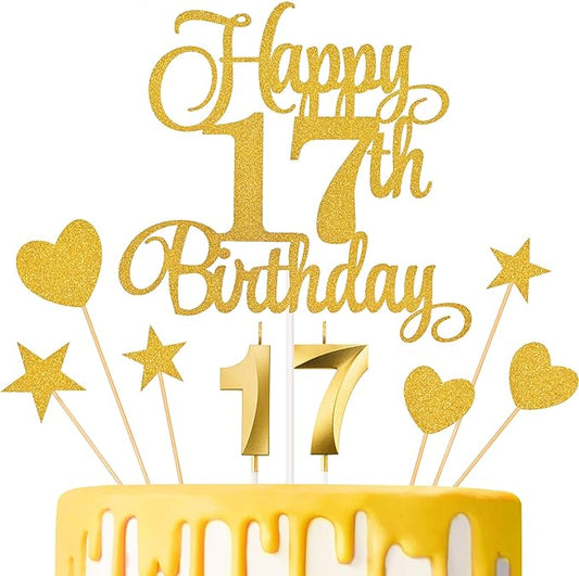 17th Birthday Cake Decorations, 17th Birthday Candles Cake Numeral Candles and Glitter Happy 17th Birthday Cake Toppers Set for Birthday Party Supplies (Gold)