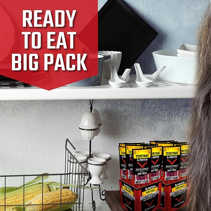 Jack Link's Beef Steak, Teriyaki - Protein Snacks, Meat Snack with 9g of Protein, Made with 100% Beef, Individually Wrapped Bulk Snack Pack, Keto Friendly - 1 Oz. (12 Count)