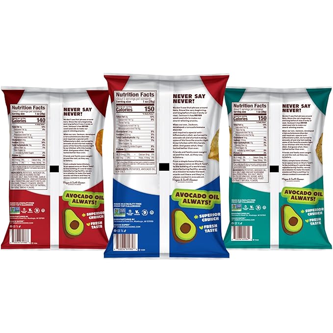 Jackson?™s Classic Kettle Potato Chips (Variety Pack, 5 oz, Pack of 7) - Made with Premium Avocado Oil, Sea Salt, Salt & Vinegar and BBQ Flavors - Allergen-friendly, Gluten Free, Vegan