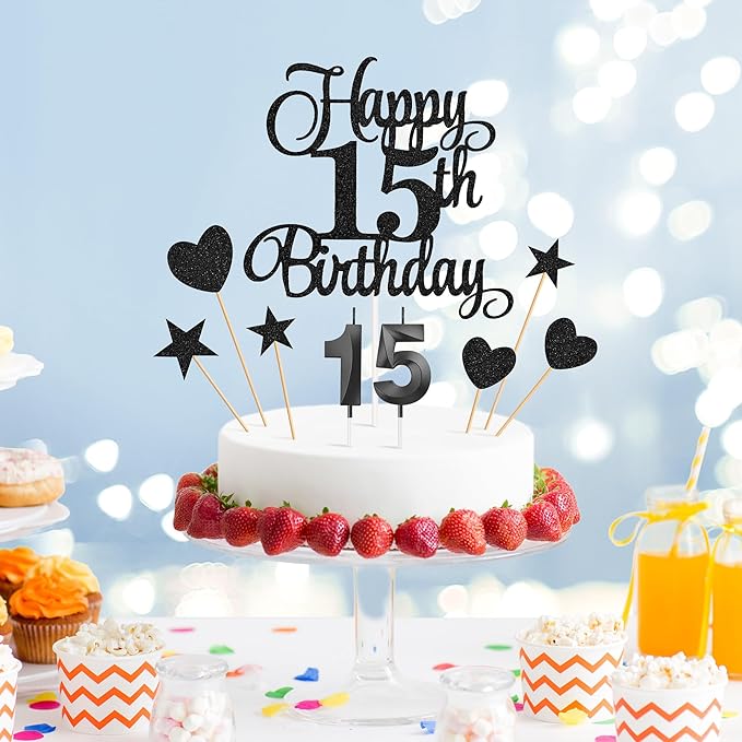 15th Birthday Cake Decorations, 15th Birthday Candles Cake Numeral Candles and Glitter Happy 15th Birthday Cake Toppers Set for Birthday Party Supplies (Black)