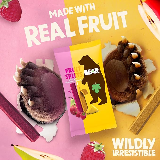BEAR Real Fruit Snack Splits - Gluten Free, Vegan, and Non-GMO - Raspberry and Pineapple ??Healthy School And Lunch Snacks For Kids And Adults, 0.7 Ounce (Pack of 18)