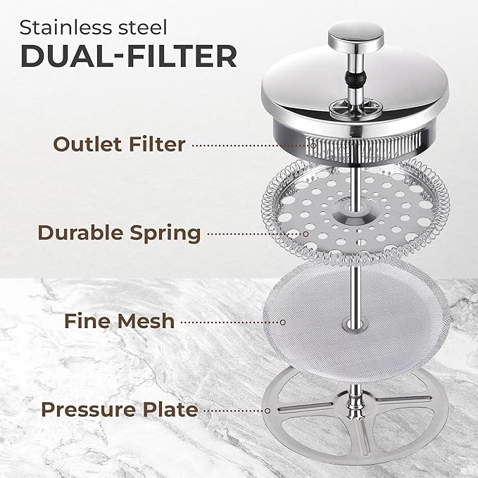 Kaffe Glass French Press Coffee Maker (27oz / 0.8L) - Double-Wall Insulated Borosilicate Glass Coffee Press - Travel & Camping - Homemade French Press Coffee