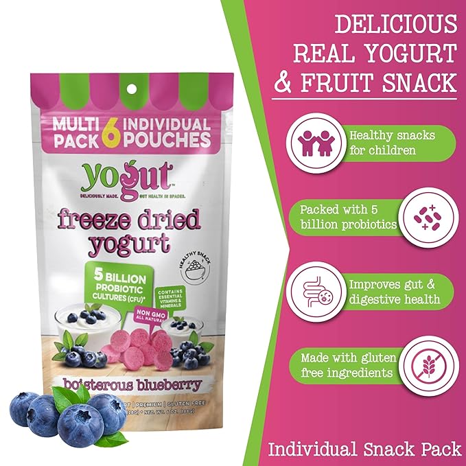 YoGut Freeze Dried Yogurt Snack, Blueberry, 6 Pack, Healthy Snacks for Kids, Toddlers & Adults, Gluten Free, Non GMO, With 5 Billion Live Probiotics, Vitamins & Minerals, Individual Snack Packs