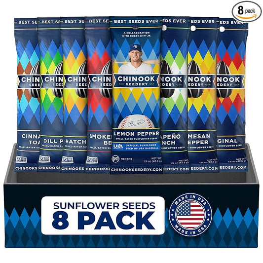 Chinook Seedery Roasted Sunflower Seeds to Eat - 8 Flavor Sampler Pack 1.5 oz (Pack of 8) Jumbo Low Sodium Sunflower Seeds Keto Snacks - Adventure, Baseball, School Snacks -Gluten Free, Non GMO Snacks