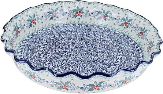 Blue Rose Polish Pottery - Blue December Joy Pie Plate - 10" Diameter - Ceramic Baking Dish, For Pies, Quiches & Desserts