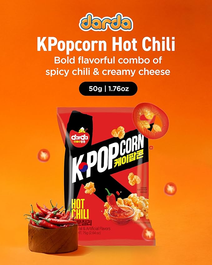 DARDA KPopcorn Hot Chili - Spicy Popcorn Snack with Bold Chili & Creamy Cheese Flavor, Crispy & Light, Low-Calorie, Non-Fried, Zero Cholesterol (Pack of 2)