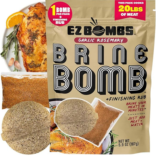 EZ Bombs Garlic Rosemary Brine Bomb Seasoning with Finishing Rub, Pack of 1 – All-in-One Turkey Brine Kit for Juicy, Flavorful Meat – Perfect for Turkey, Chicken, Pork, and Beef – Brines Up to 20 lbs