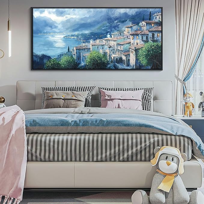 JEAWA Large Framed Canvas Painting - 24x48 IN Landscape Wall Decor Ready to Hang, Gray Blue Town Picture, Lights of Thousands homes Art Prints for Bedroom Living Room Home Decoration