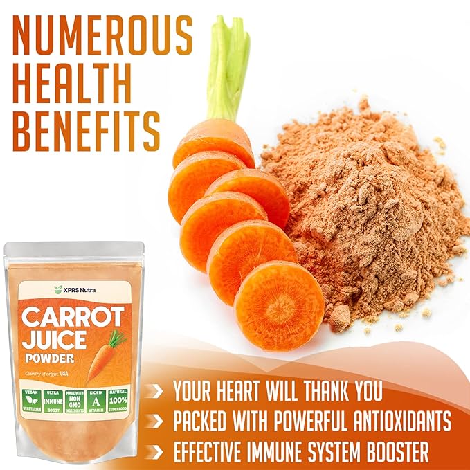 XPRS Nutra 100% Natural Carrot Juice Powder - Pure Carrot Powder from The USA - Ideal for Juice and Smoothie - High in Vitamin A, Phytonutrients and Antioxidants - Non-GMO (16 oz)