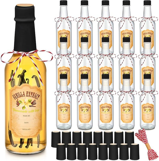 Tioncy 16 Pcs Vanilla Extract Bottles for Homemade Vanilla Jar Glass Bottle with Cap, Shrink Band, Sticker Syrup Gift Food Storage Canister for Bean Sauce Spice(Black,8.5 oz)