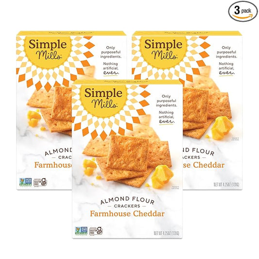 Simple Mills Almond Flour Crackers, Farmhouse Cheddar - Gluten Free, Healthy Snacks, 4.25 Ounce (Pack of 3)