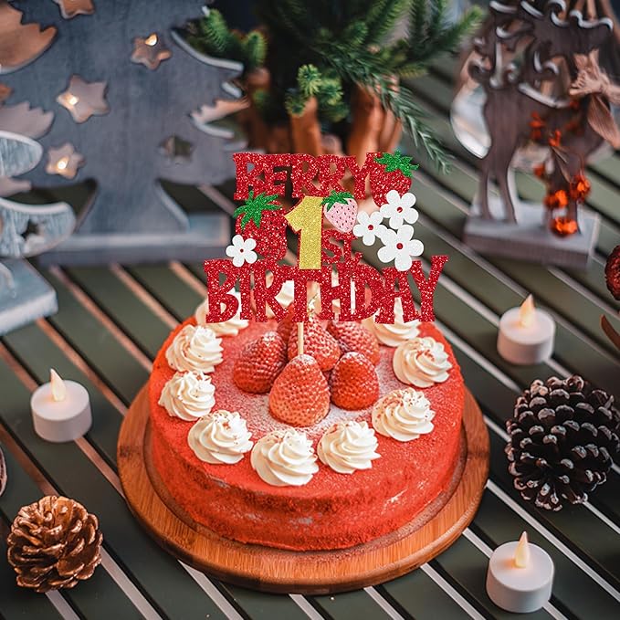 1 Pack Berry 1st Birthday Cake Topper Red Glitter Flower Strawberry Frist Birthday Cake Pick for Fruit Strawberry One Theme Baby Shower Kids Birthday Party Strawberry Party Cake Decorations Supplies