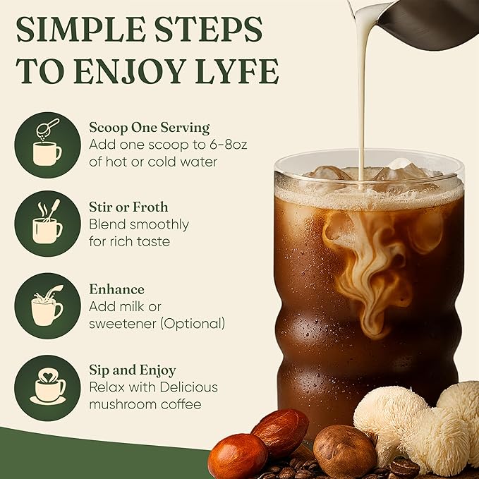 LYFE Organic Instant Mushroom Coffee ??Lion?™s Mane, Chaga, Cordyceps, Turkey Tail | USA Grown Adaptogenic Mushrooms for Better Energy, Focus, Gut Health, Immunity ??40 Servings