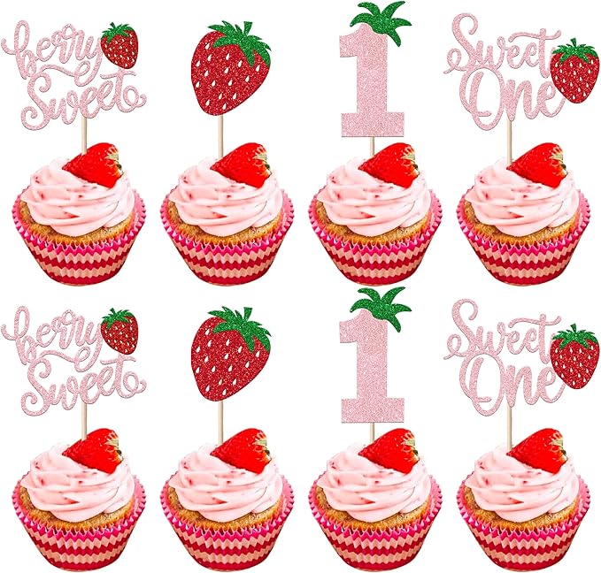 24 Pack Sweet One Cupcake Toppers Glitter First Birthday Strawberry Cupcake Picks for Fruit Baby Shower 1st Birthday Berry Sweet Cupcake Decorations Party Supplies Pink