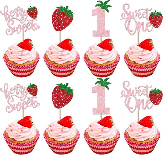 24 Pack Sweet One Cupcake Toppers Glitter First Birthday Strawberry Cupcake Picks for Fruit Baby Shower 1st Birthday Berry Sweet Cupcake Decorations Party Supplies Pink