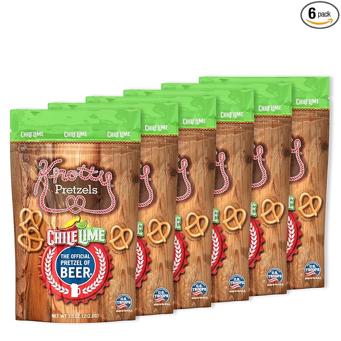 Knotty Pretzels ?쏷he Official Pretzel of Beer??7.5 oz Individual Seasoned Pretzels in Resealable Pretzel Snack Bags, The Perfect Pairing for Beer, Chile Lime Flavor (6-Pack)