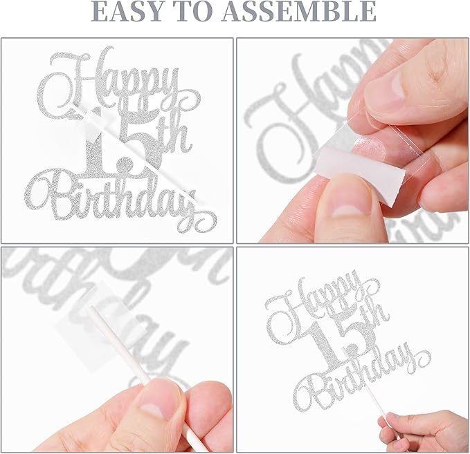 15th Birthday Cake Decorations, 15th Birthday Candles Cake Numeral Candles and Glitter Happy 15th Birthday Cake Toppers Set for Birthday Party Supplies (Silver)