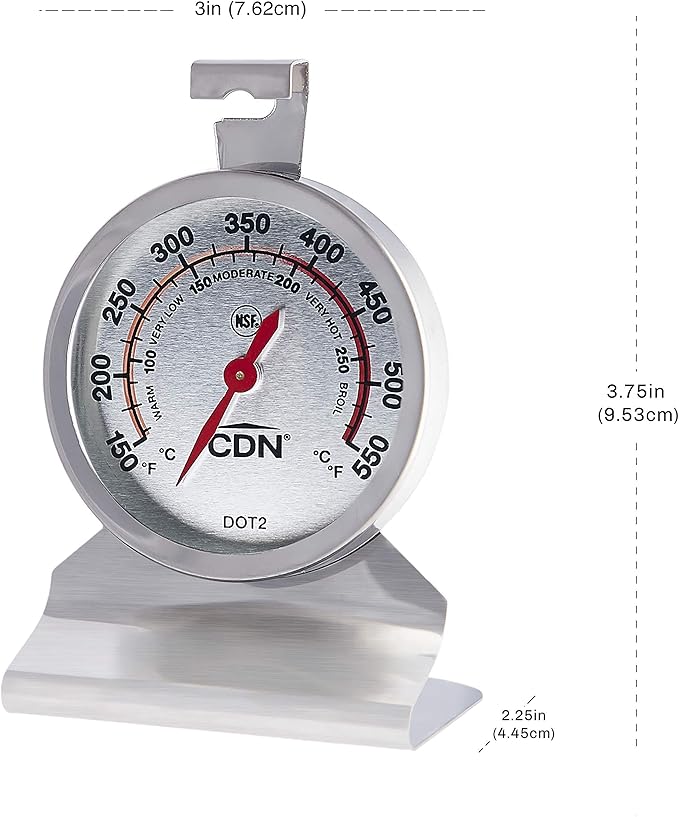 "CDN Oven Thermometer ProAccurate®, Easy-to-Read 2"" Dial, Stainless Steel Housing, Temperature Zones, Stand or Hang, Monitor Oven Temperatures, NSF Certified - DOT2 "