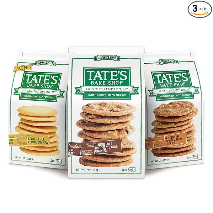 Tate's Bake Shop Gluten Free Cookies Variety Pack, Lemon, Ginger Zinger and Chocolate Chip Cookies, 3 - 7 oz Bags