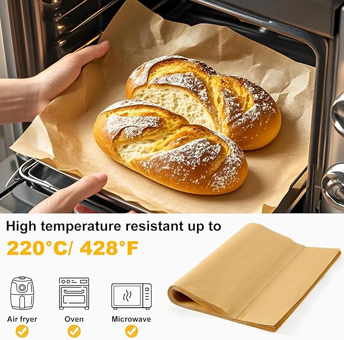 Sunhoo 100 PCS 9 x13" Parchment Paper Sheets for Baking Wrapping Paper Unbleached Air Fryer Oven Resist Sticking Bakery Liners Brown Precut Squares for Cooking Grilling Steaming Withstand up to 428??,<div>