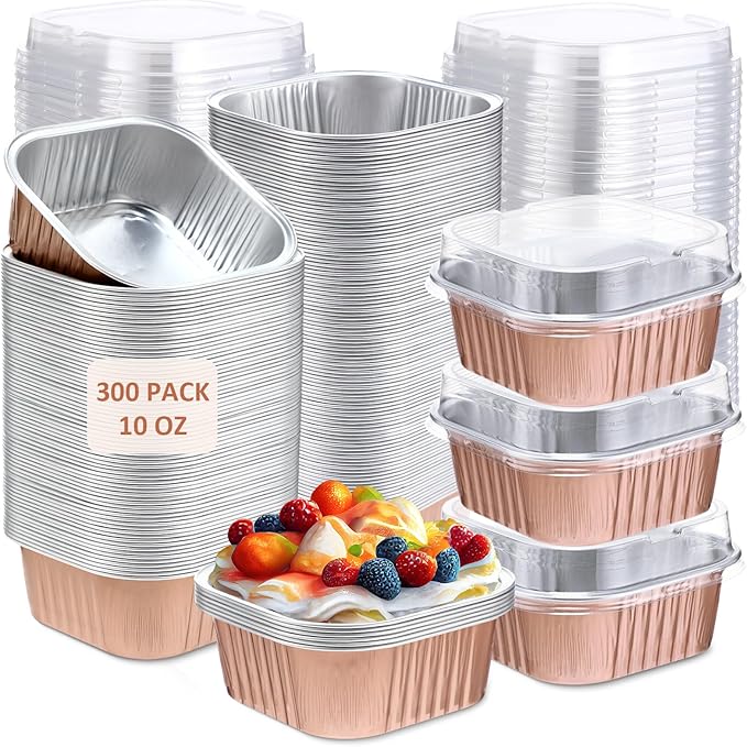 Aoriher 300 Pieces 10 oz Mini Cake Pans with Lids, Aluminum Foil Baking Cups, Square Disposable Cupcake Cups Baking Tins for Wedding Birthday Party Supplies(Champagne)